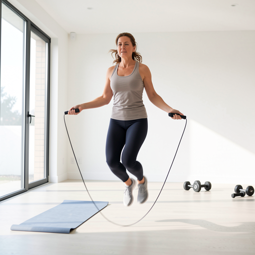 woman jumping rope in home gym